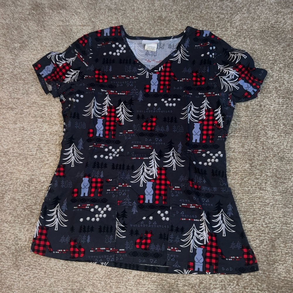 Dark gray winter Forrest Buffalo Plaid Bear Women’s Fitted Scrub Top ScrubStar S
